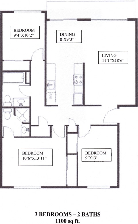 Floor plan for 3 beds, 2 baths, 1100 sqft